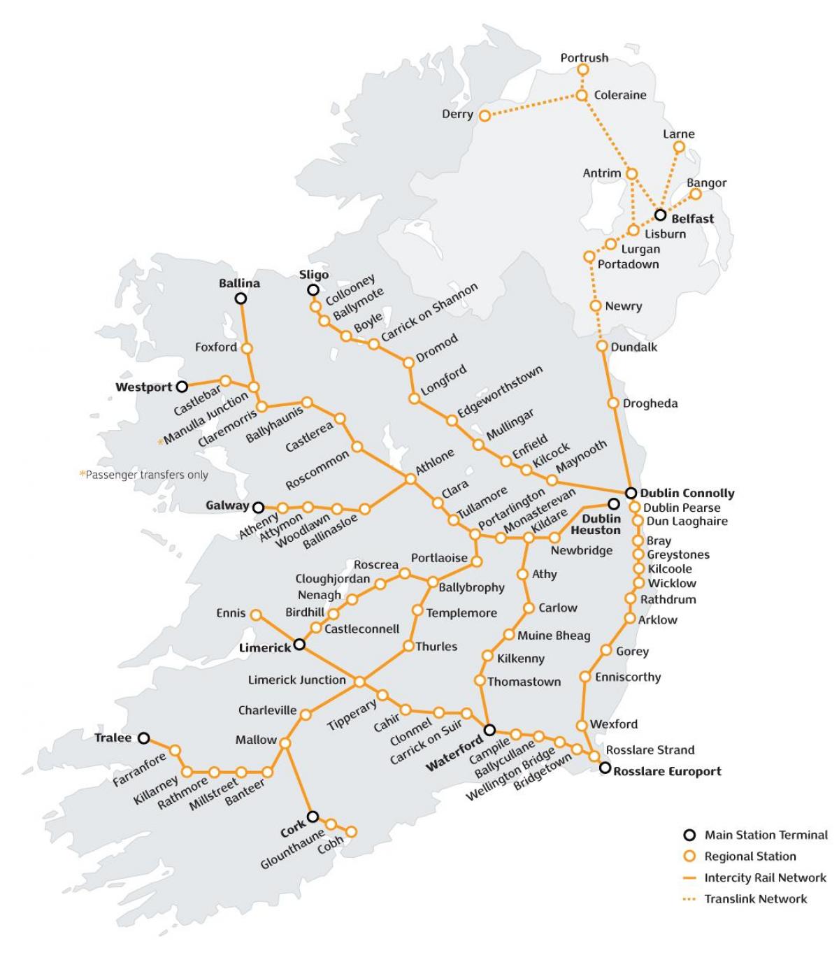 火车旅行在爱尔兰的地图